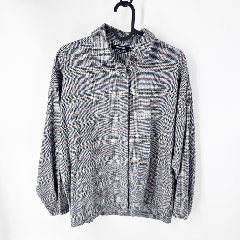 Madewell Glen Plaid Cotton Shirt Jacket Shacket Grey Pink AE762 Womens XS